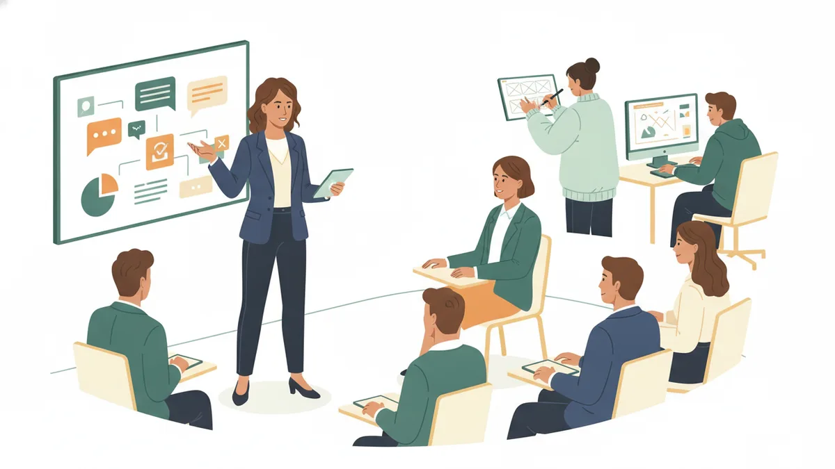 Illustration : une étudiante en tailleur présente une campagne de communication à sa classe en tenue professionnelle ; au fond, deux étudiants dessinent un story-board et montent une vidéo sur ordinateur.