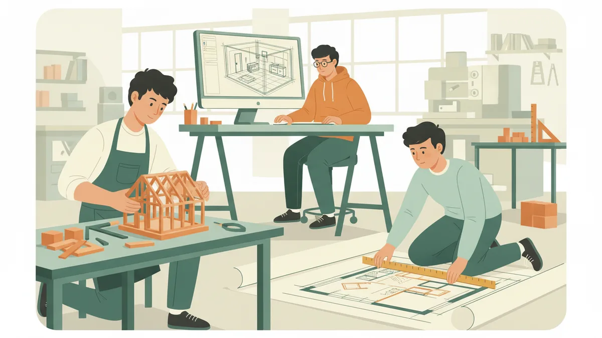 Illustration : dans un atelier, un étudiant assemble la maquette d'une charpente en bois, un autre mesure un plan d'aménagement posé au sol, et un troisième modélise une pièce en 3D sur ordinateur.