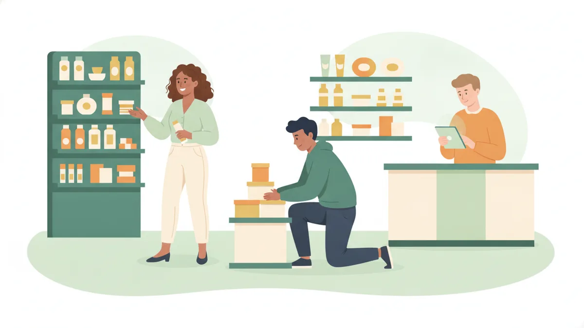 Illustration : dans une boutique, une étudiante présente un produit en rayon, un étudiant monte une mise en avant, un troisième suit les stocks sur tablette derrière le comptoir.