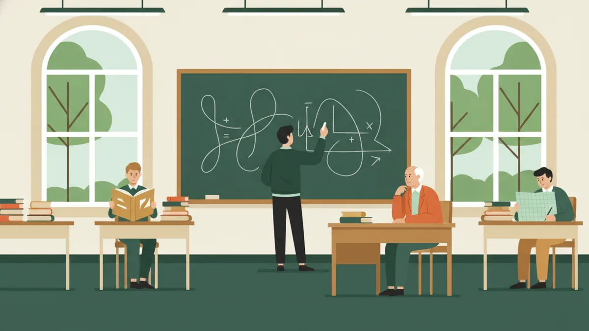 Illustration : dans une salle de classe aux grandes fenêtres, un élève de prépa résout un problème au tableau pendant une khôlle devant son professeur, tandis qu'un camarade lit un livre de lettres et qu'un autre travaille sur une feuille quadrillée.