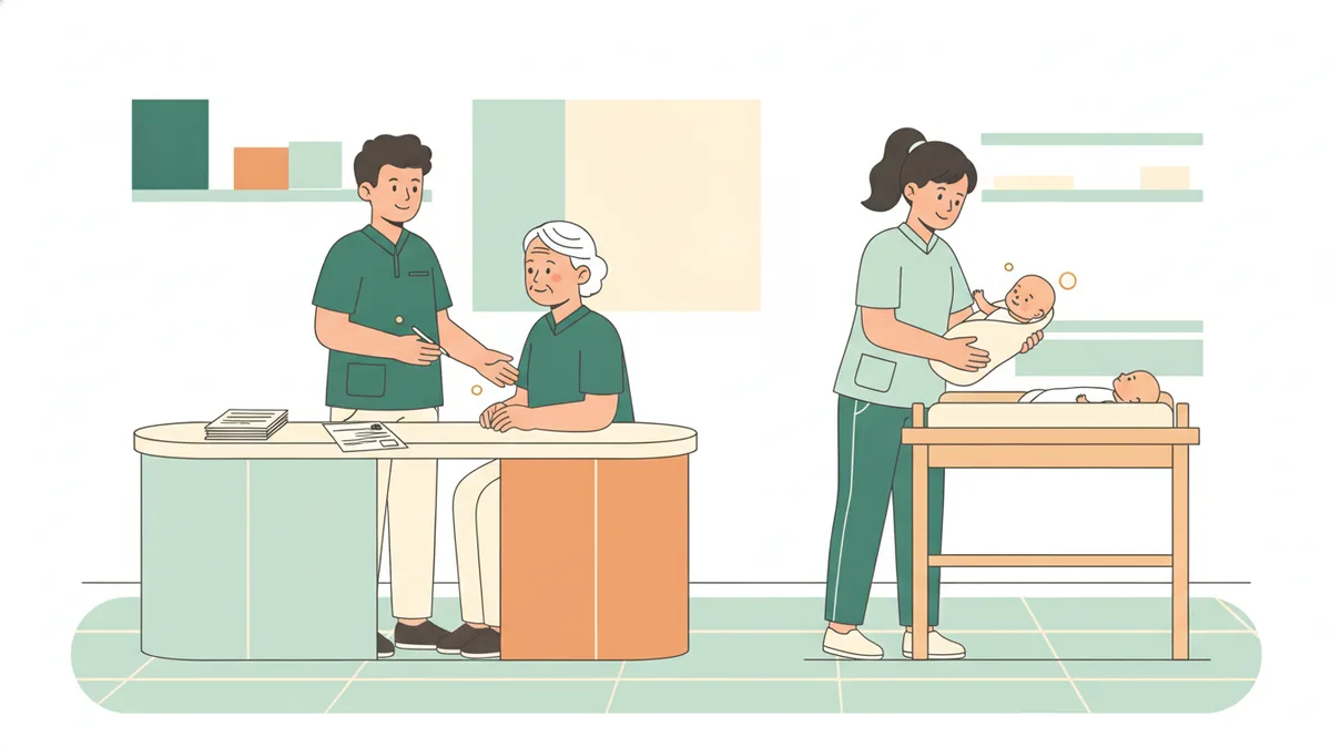 Illustration : un étudiant accueille une dame âgée à un guichet avec des formulaires, tandis qu'une étudiante en tenue de soin s'occupe d'un bébé près d'une table à langer.