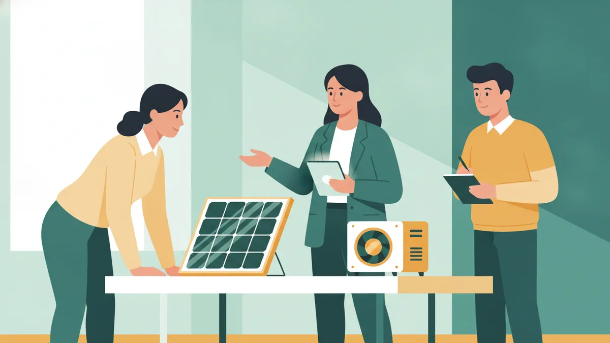 Illustration : une étudiante en BTS présente un panneau solaire et une pompe à chaleur à une cliente, tablette en main, pendant qu'un camarade prend des notes.