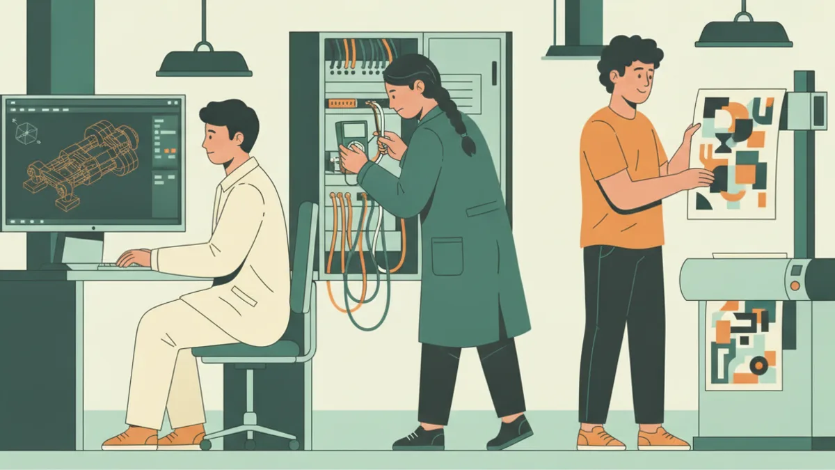 Illustration : un étudiant conçoit une pièce mécanique en 3D sur écran, une étudiante câble une armoire électrique avec un multimètre, un troisième contrôle une affiche à la sortie d'une imprimante grand format.