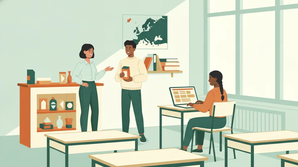 Illustration : dans une salle de BTS, une étudiante joue une scène de conseil de vente devant une petite vitrine, pendant qu'une autre prépare un planning sur son ordinateur sous une carte de l'Europe.