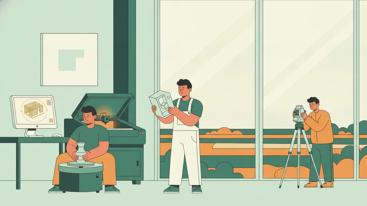 Illustration : dans un atelier lumineux, un étudiant tourne un vase en céramique devant une découpeuse laser, un autre examine une pièce imprimée en 3D, et un troisième vise avec un instrument de topographie sur trépied.