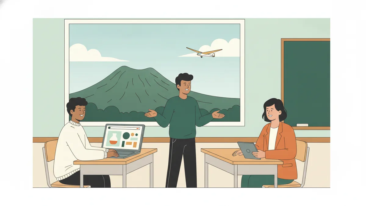 Illustration : dans une salle de classe avec vue sur une colline volcanique et un planeur dans le ciel, un étudiant construit une boutique en ligne sur son ordinateur pendant qu'un autre s'entraîne à une négociation avec une camarade.