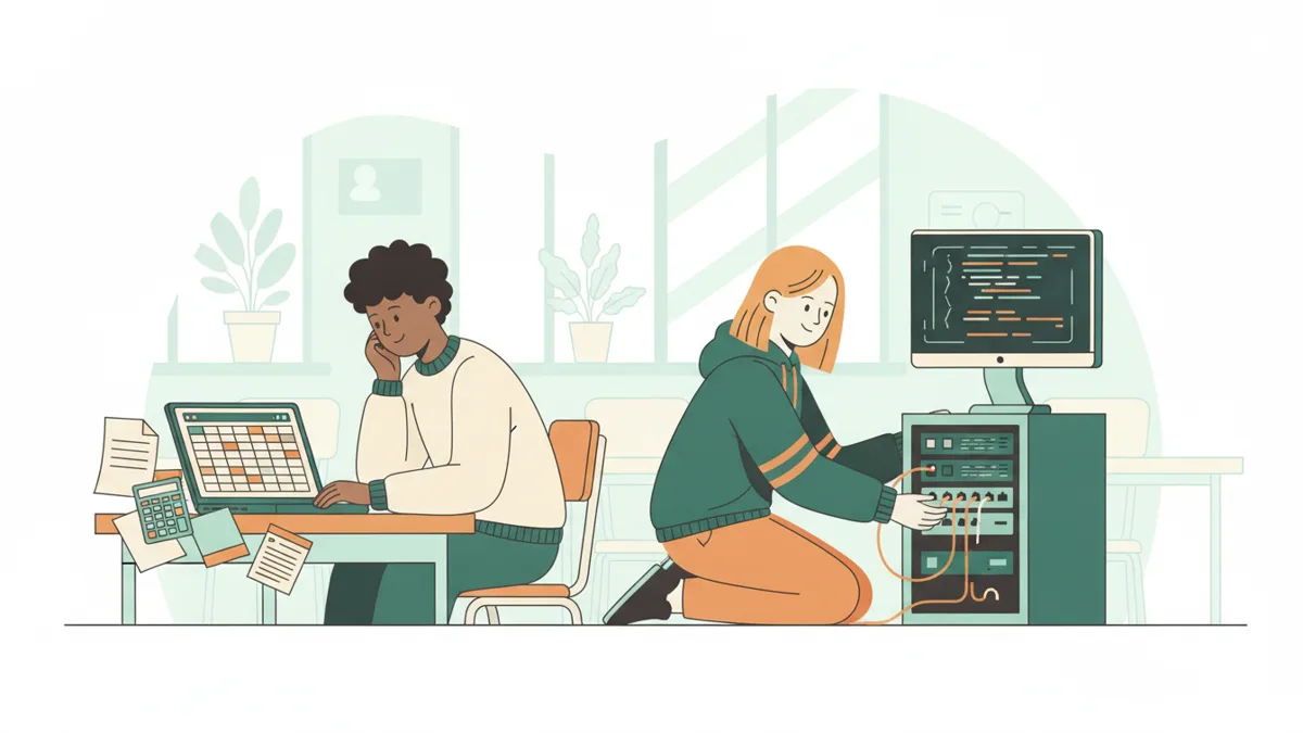 Illustration : un étudiant travaille sur un tableau comptable avec sa calculatrice, pendant qu'une étudiante branche des câbles dans une baie réseau devant un écran de code.