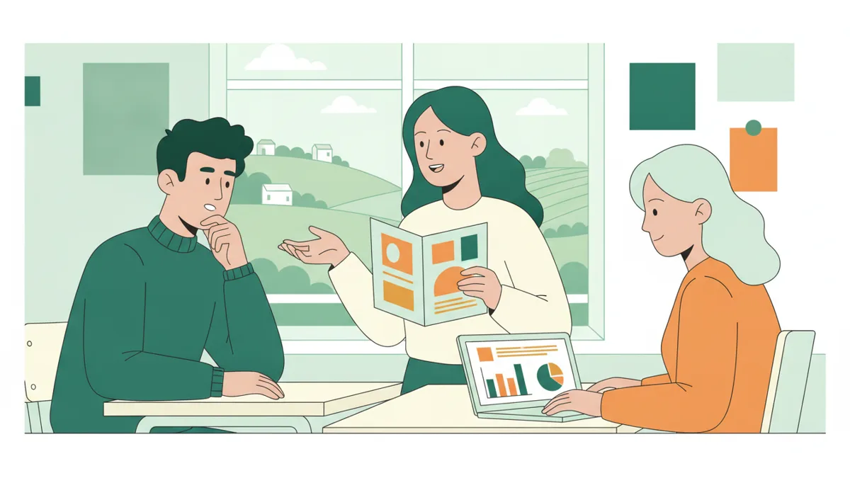 Illustration : en classe, une étudiante présente une brochure à un camarade qui joue le client, pendant qu'une autre étudiante suit des graphiques de gestion sur un ordinateur ; par la fenêtre, des collines verdoyantes.