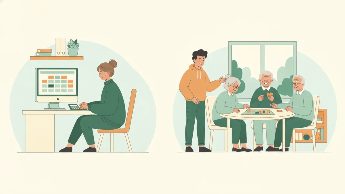 Illustration : à gauche, une étudiante saisit des écritures comptables sur un ordinateur ; à droite, un étudiant anime un atelier de jeux de société avec des personnes âgées autour d'une table, dans une salle lumineuse.