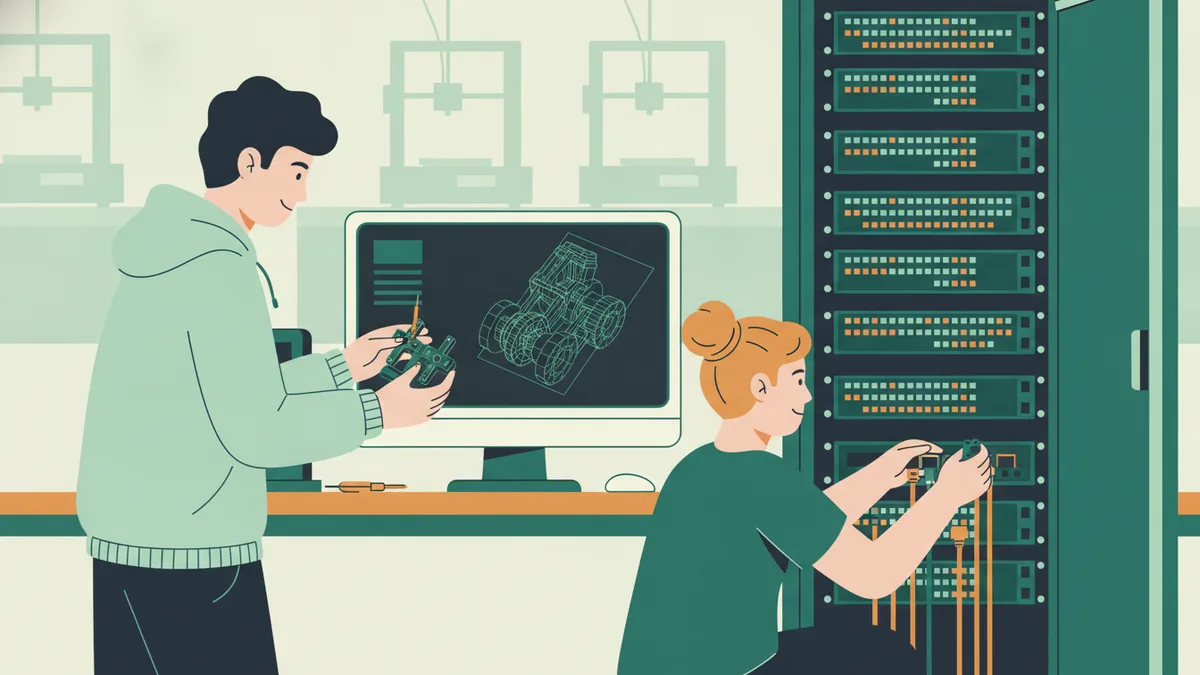 Illustration : dans un atelier de lycée équipé d'imprimantes 3D, un étudiant tient une pièce mécanique devant un écran de conception assistée, pendant qu'une étudiante branche des câbles dans une baie réseau.