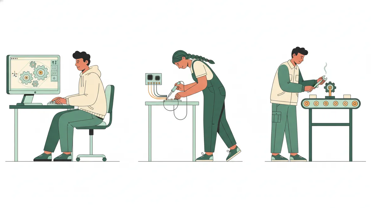Illustration : trois étudiants en atelier, l'un modélise des engrenages en 3D sur ordinateur, une autre soude une carte électronique, un troisième règle un petit convoyeur automatisé.