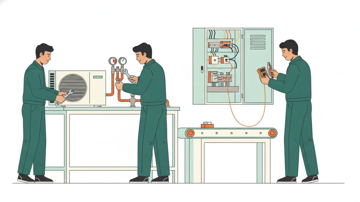 Illustration : deux étudiants en BTS raccordent et contrôlent une unité de climatisation sur un banc d'atelier, pendant qu'un troisième relève des mesures au multimètre sur une armoire électrique d'automatisme.