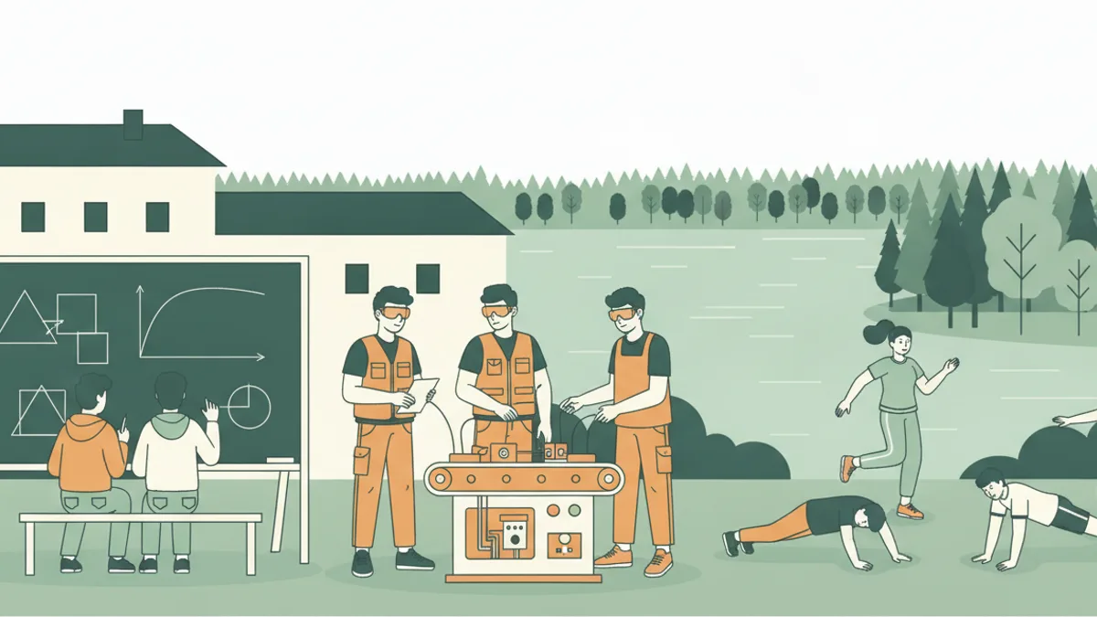 Illustration : au bord d'un lac, deux élèves de prépa tracent des figures au tableau, trois étudiants câblent un petit convoyeur automatisé et un groupe fait des exercices sportifs sur la pelouse.