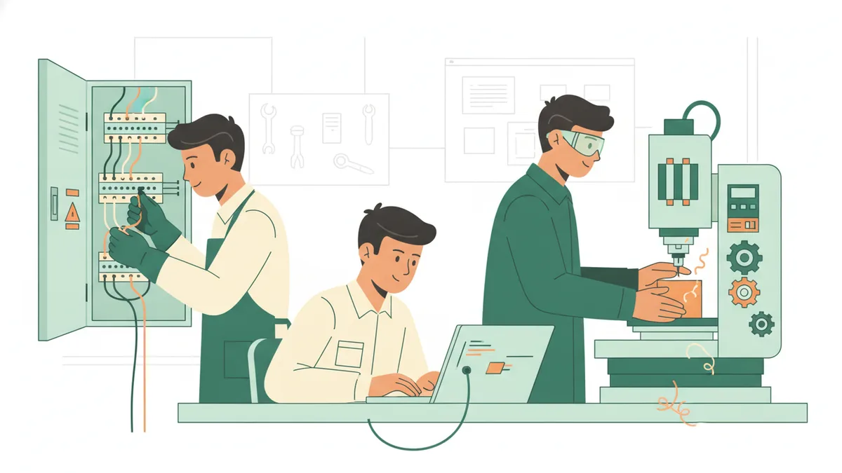 Illustration : en atelier, un étudiant câble une armoire électrique, un autre programme sur ordinateur et un troisième, lunettes de protection, usine une pièce sur une fraiseuse.