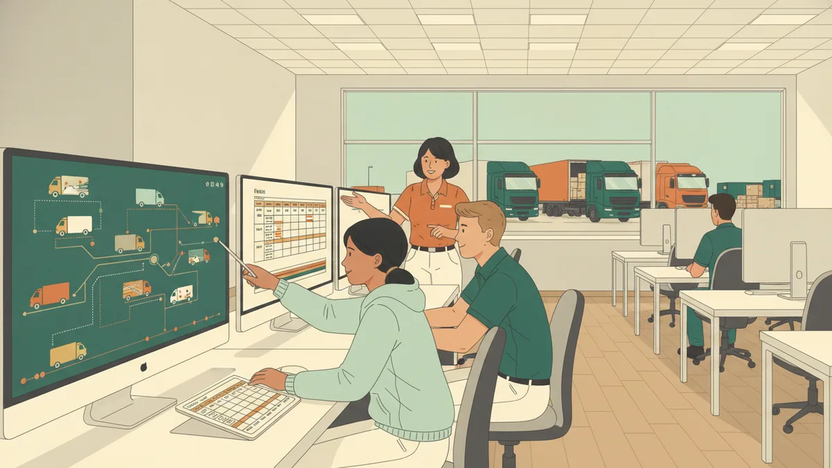 Illustration : dans une salle informatique neuve, une étudiante trace des tournées de camions sur un écran avec son camarade, pendant qu'une intervenante professionnelle commente, devant une baie vitrée qui donne sur un quai de chargement.