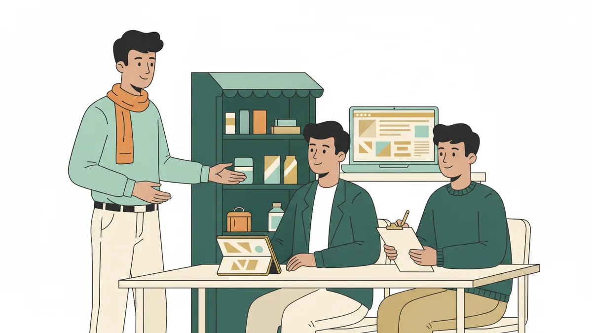 Dans une salle de classe aménagée en petit magasin, un étudiant présente un produit à deux camarades assis qui jouent les recruteurs, l'un prenant des notes, devant une étagère de produits et un ordinateur ouvert sur une boutique en ligne.