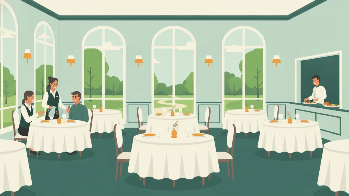 Illustration : dans la salle d'un restaurant d'application installé dans un château, une apprentie en gilet de service sert des clients pendant qu'un apprenti cuisinier dresse des assiettes au passe.