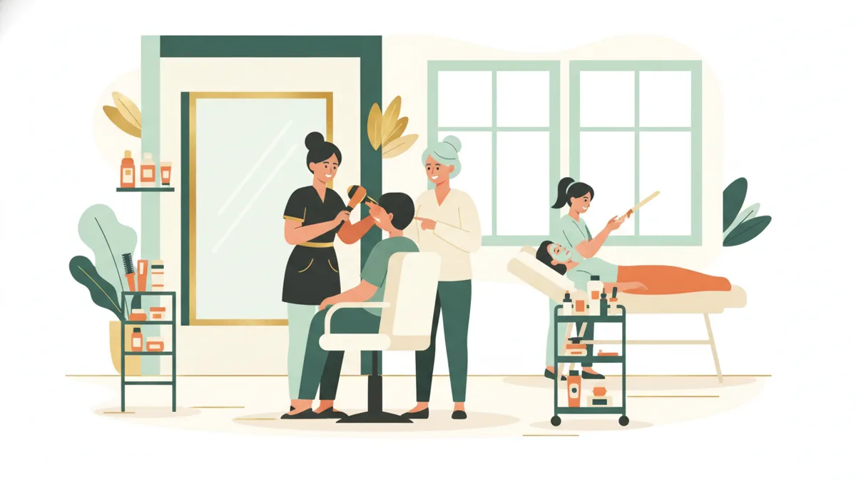 Illustration : dans un salon pédagogique, une élève coiffe un client devant le miroir sous le regard de sa professeure, tandis qu'au fond une autre élève réalise un soin du visage.