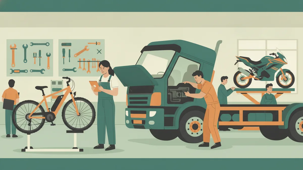 Illustration : dans un atelier de lycée professionnel, une apprentie diagnostique un vélo électrique sur sa tablette pendant qu'un apprenti intervient sous la cabine basculée d'un poids lourd, une moto sur un pont élévateur au fond.