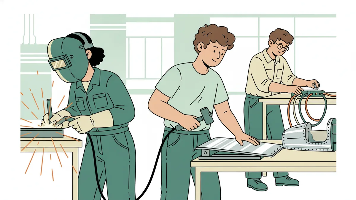 Illustration : dans un atelier, une élève soude une pièce métallique sous son masque, un élève façonne une tôle d'aluminium près d'un morceau de fuselage, un troisième branche des câbles sur un établi.