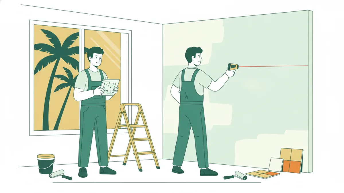 Illustration : deux étudiants en salopette sur un chantier de rénovation, l'un consulte un plan sur une tablette, l'autre mesure un mur au télémètre laser, devant une fenêtre ouverte sur des palmiers.