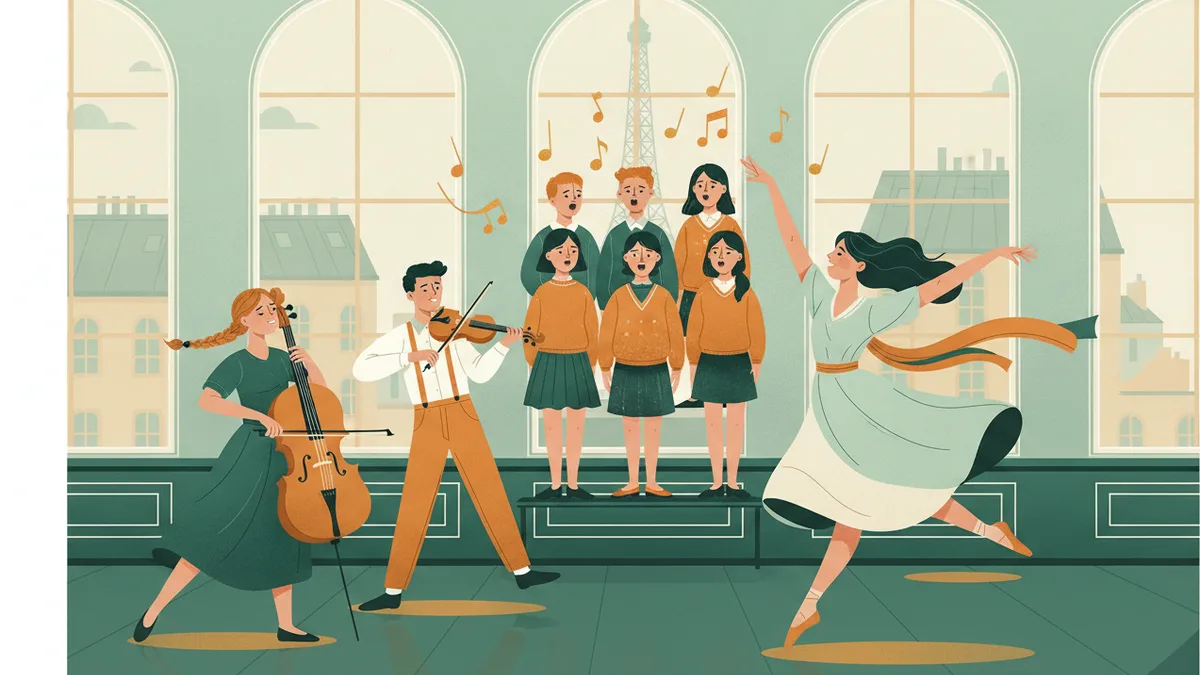 Illustration : dans un studio aux grandes fenêtres, une lycéenne danse pendant qu'une violoncelliste, un violoniste et une petite chorale d'élèves répètent.