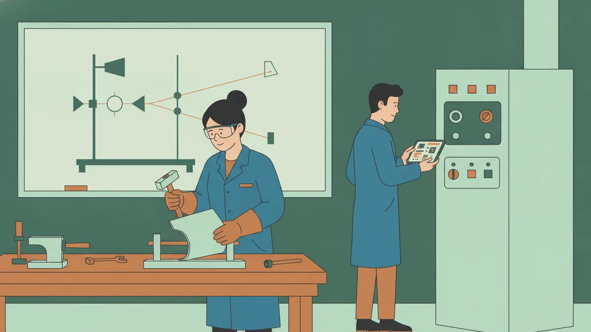 Illustration : une étudiante en lunettes de protection façonne une pièce de tôle à l'établi pendant qu'un étudiant contrôle une machine industrielle sur tablette, devant un tableau montrant un montage d'optique.