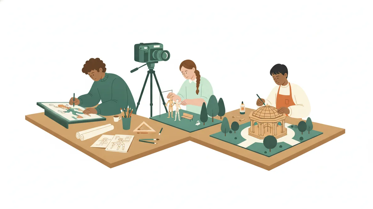 Illustration : un étudiant dessine un personnage sur une table lumineuse, une étudiante anime une figurine devant une caméra, un troisième construit la maquette d'un pavillon dans un jardin.