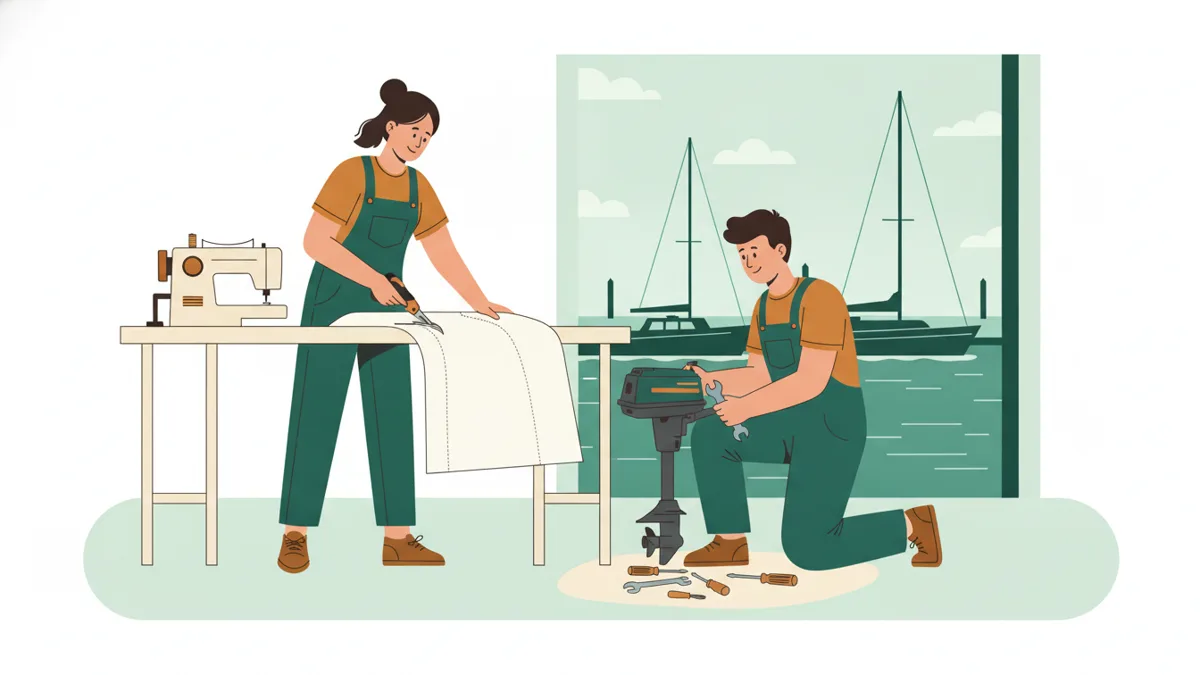 Illustration : une étudiante découpe une voile sur une grande table à côté d'une machine à coudre, un étudiant répare un moteur hors-bord, des voiliers amarrés au port derrière eux.