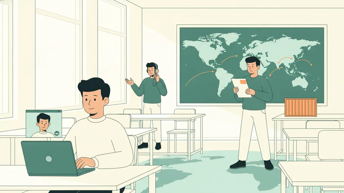 Illustration : dans une salle de classe claire, un étudiant échange en visioconférence avec un partenaire étranger, un autre parle au casque et un troisième lit un document d'expédition devant une carte du monde.