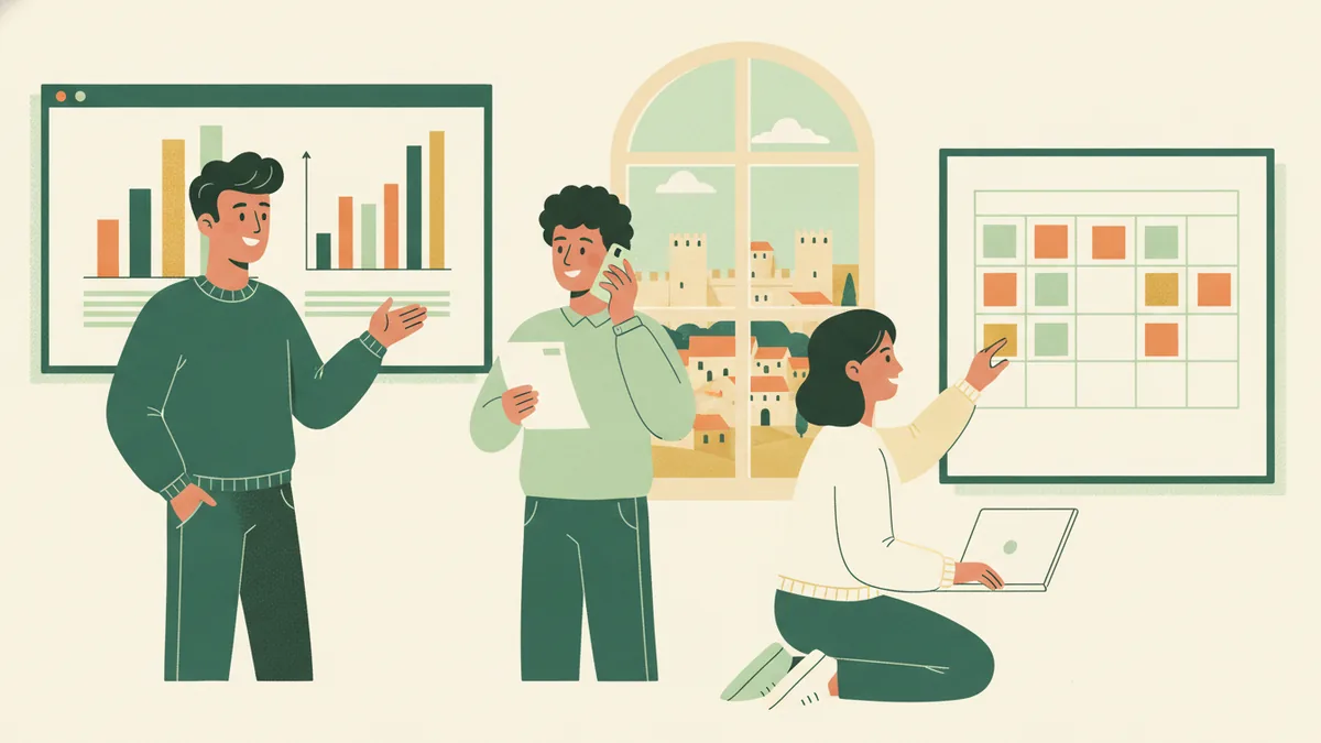 Illustration : trois étudiants présentent des graphiques, appellent un fournisseur et organisent un planning, devant une fenêtre ouverte sur les remparts d'une ville médiévale.
