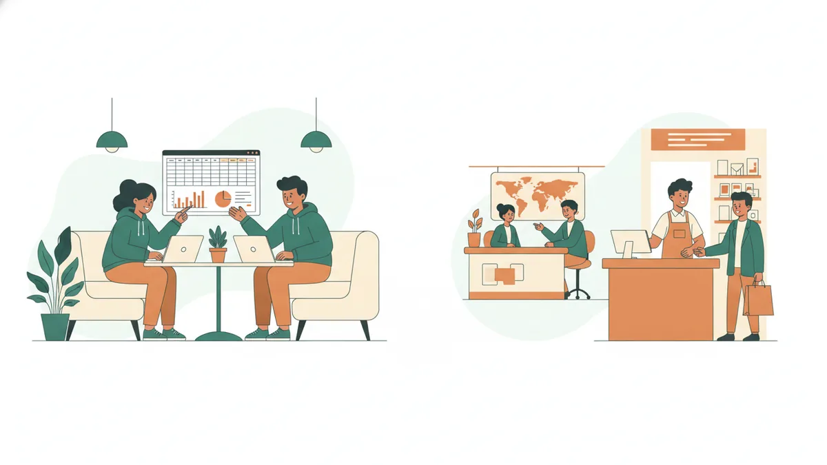Illustration : deux étudiants analysent un tableau de ventes sur leurs ordinateurs dans un espace étudiant, une apprentie conseille des clients dans une agence de voyages, un apprenti accueille un client au comptoir d'un magasin.