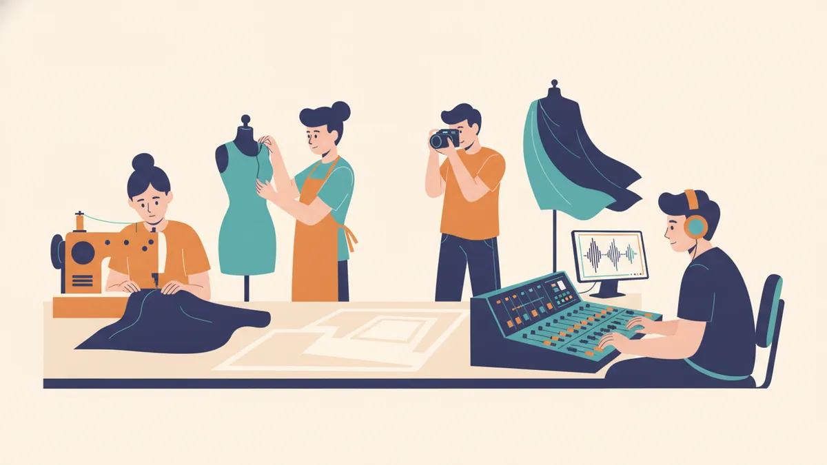 Illustration : des apprentis dans un atelier créatif, l'une coud à la machine, une autre ajuste un vêtement sur un mannequin, un photographe cadre, un autre mixe du son.