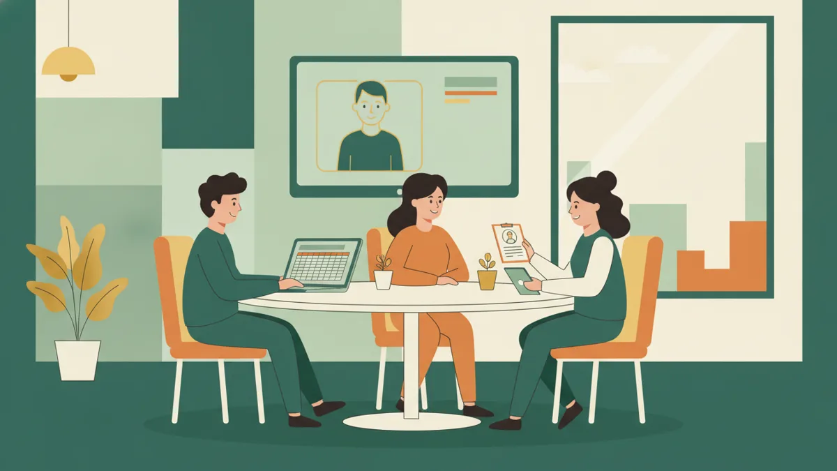 Illustration : trois apprentis autour d'une table de formation, l'un sur un tableau de paie, une autre qui suit un formateur en visioconférence sur un grand écran, une troisième qui prépare son CV.