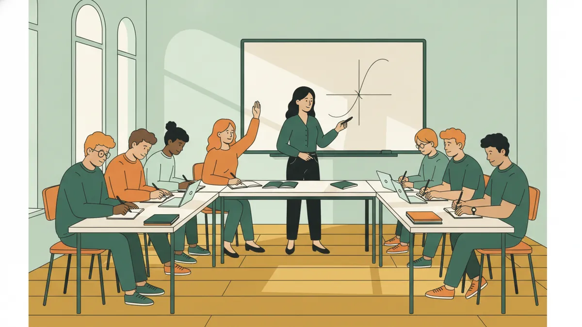 Illustration : une petite classe de huit étudiants autour de tables réunies ; une enseignante trace une courbe et deux axes au tableau blanc, une étudiante lève la main, les autres prennent des notes.