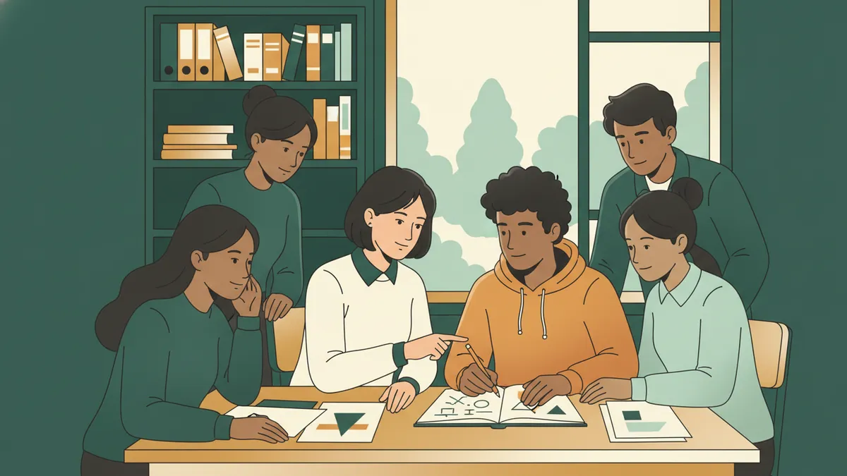 Illustration : cinq étudiants autour d'une table couverte de feuilles de géométrie ; une étudiante montre un exercice dans le cahier d'un camarade qui écrit, les autres se penchent pour suivre.