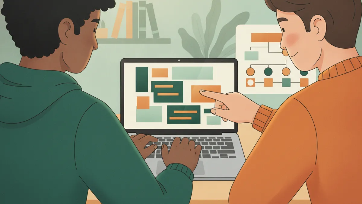 Illustration : vue par-dessus l'épaule de deux étudiants devant un ordinateur portable ; l'un tape, l'autre montre l'écran où s'affichent des blocs de code colorés ; un organigramme est punaisé au mur.