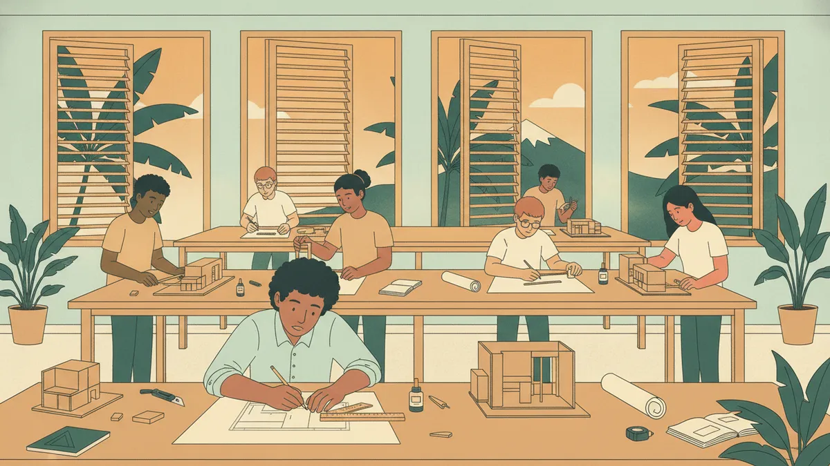 Illustration : dans un atelier lumineux aux grandes fenêtres à persiennes, avec des palmiers dehors, des étudiants construisent des maquettes en carton et en balsa sur de longues tables ; au premier plan, l'un d'eux dessine une coupe à la main.