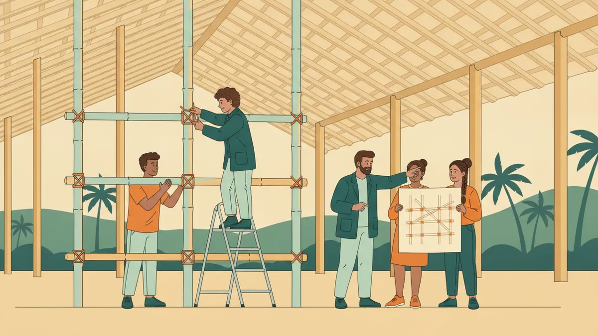 Illustration : sous une grande halle ouverte, une équipe d'étudiants assemble une structure en bambou grandeur nature ; l'un est sur un escabeau et noue les tiges, d'autres tiennent la structure, une enseignante montre un plan.