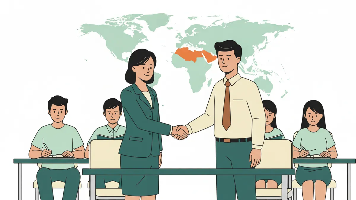 Illustration : dans une salle de cours, devant une carte du monde, deux étudiants se serrent la main à la fin d'une négociation simulée pendant que trois camarades assis prennent des notes.