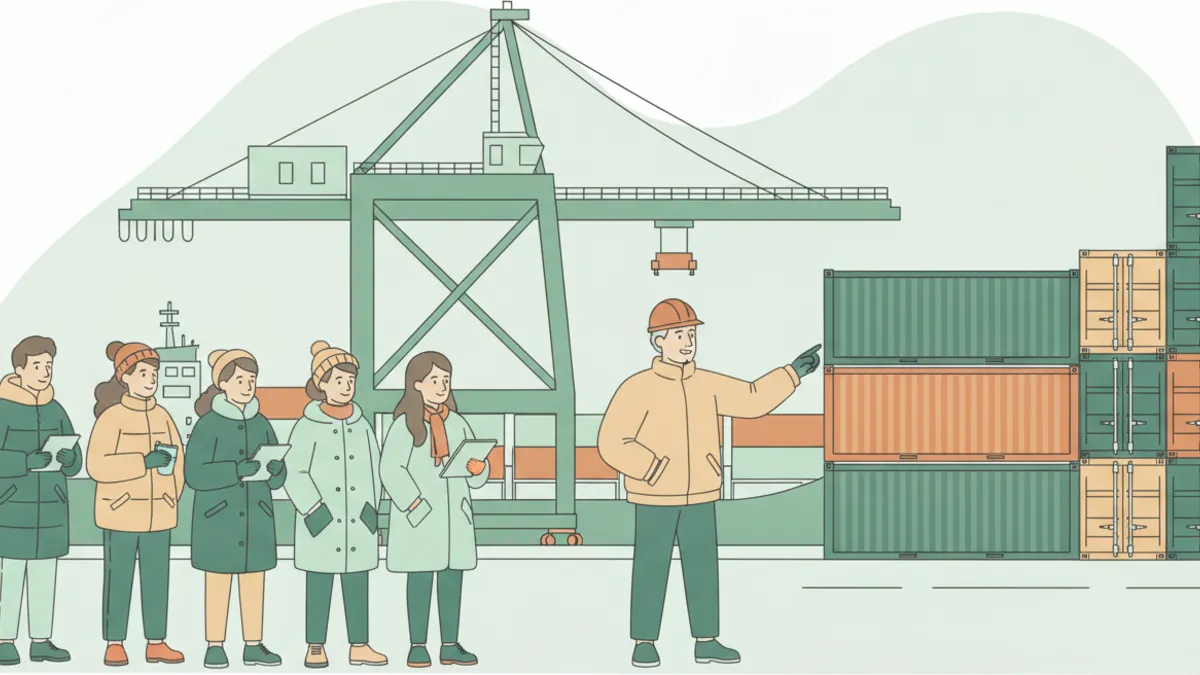 Illustration : un groupe d'étudiants en manteaux d'hiver, carnets en main, écoute un guide qui montre des conteneurs colorés et une grue portuaire sur un quai.