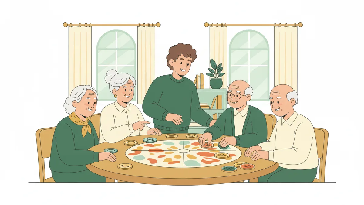 Illustration : dans la salle commune lumineuse d'une maison de retraite, un jeune animateur mène un jeu de société et de mémoire avec quatre personnes âgées autour d'une table ; tout le monde sourit.