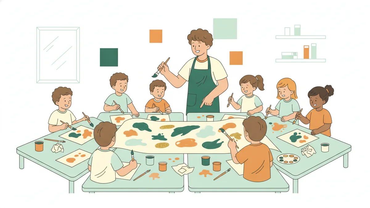Illustration : un jeune animateur en tablier mène un atelier de peinture avec huit enfants autour de grandes tables ; ils peignent ensemble une grande banderole, pots de couleur et pinceaux partout.
