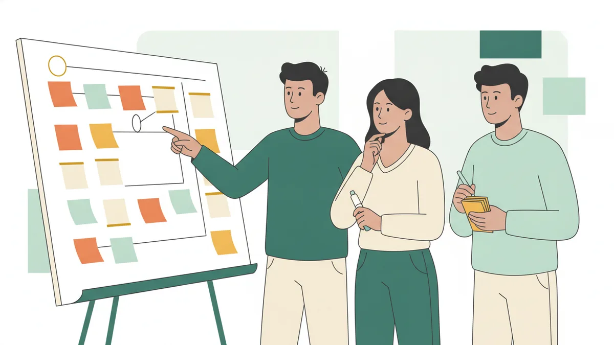 Illustration : en salle de formation, trois stagiaires conçoivent un projet d'animation sur un grand tableau couvert de post-it de couleur ; l'un montre un planning, un formateur écoute.