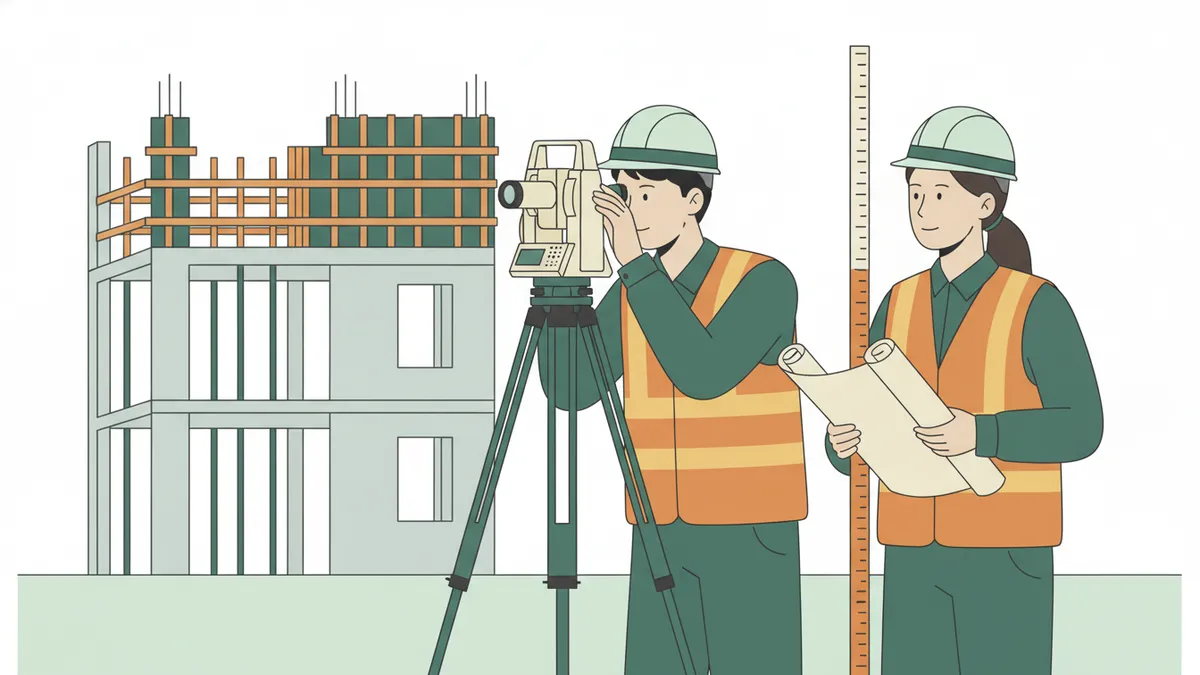Illustration : deux étudiants en casque et gilet orange sur un chantier ; l'un vise dans une station totale montée sur trépied, l'autre tient des plans roulés et une mire graduée ; derrière eux, une structure en béton et des coffrages.