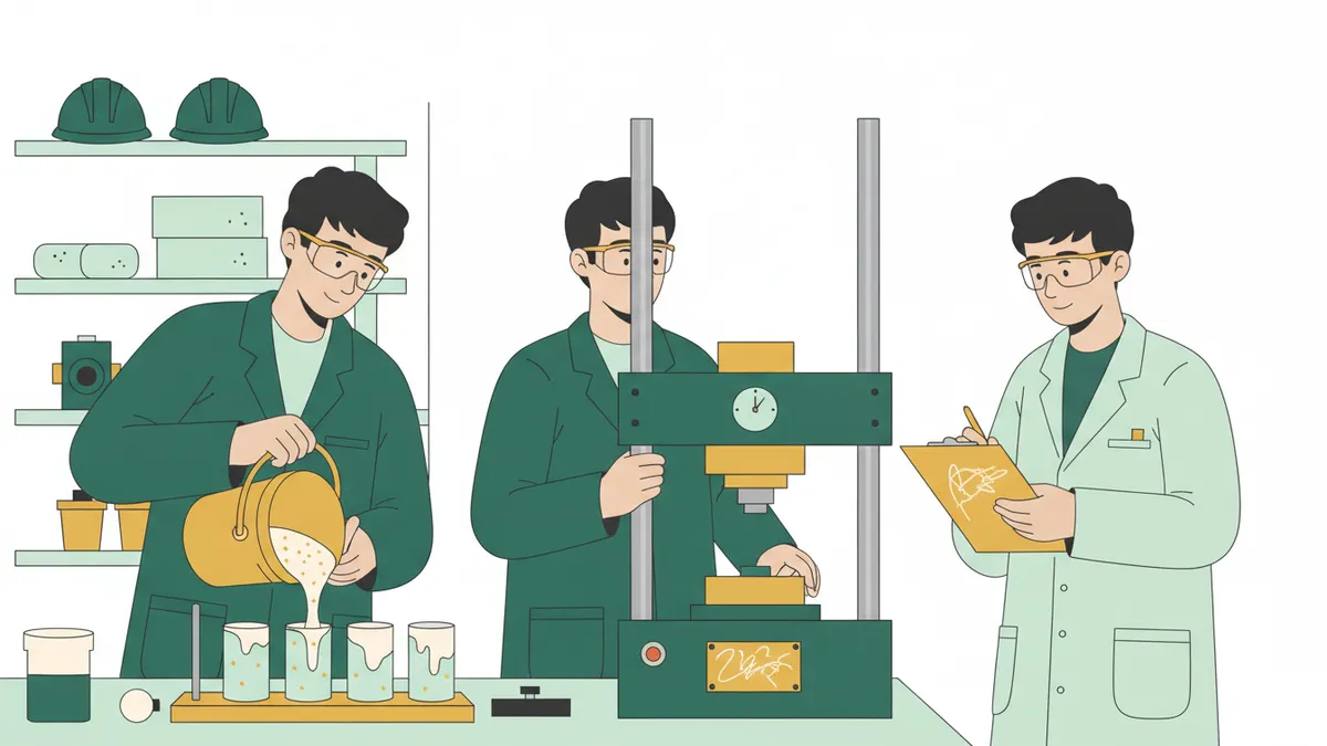 Illustration : trois étudiants en lunettes de protection dans un laboratoire de matériaux ; l'un verse du béton frais dans des moules cylindriques, un autre surveille une presse d'écrasement, le troisième note les résultats.