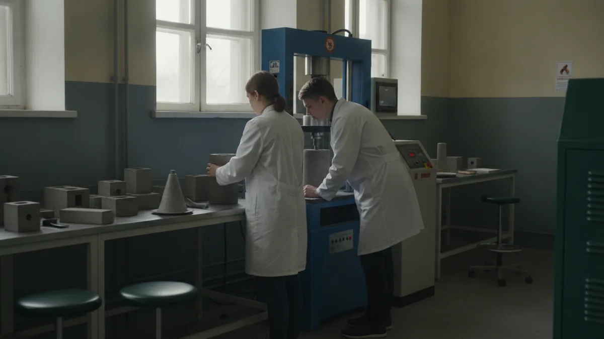 Illustration : dans un laboratoire d'essais, une étudiante en blouse place une éprouvette de béton dans une presse, un camarade lit l'afficheur ; moules et cône sur la paillasse.