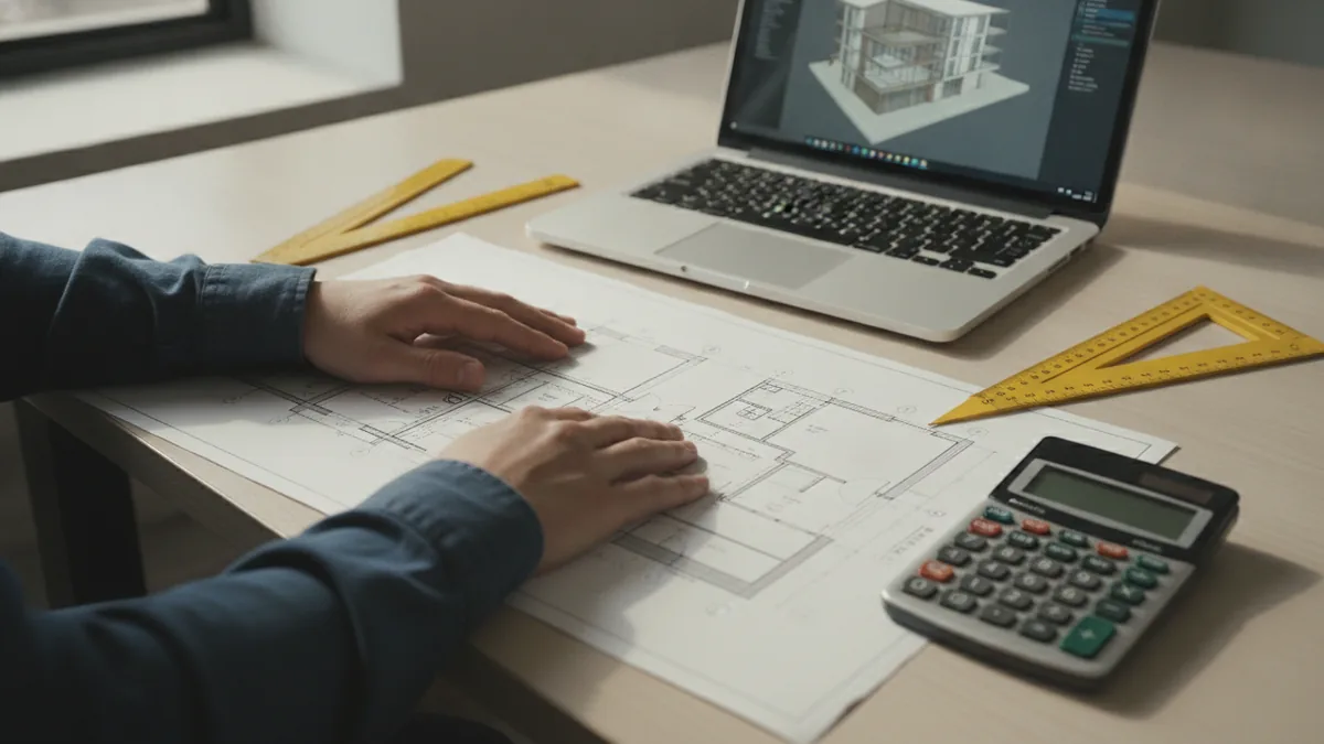 Illustration : vue en plongée sur un plan de bâtiment imprimé, des mains d'étudiant, une règle à échelle, une calculatrice et un ordinateur portable qui affiche une maquette 3D.