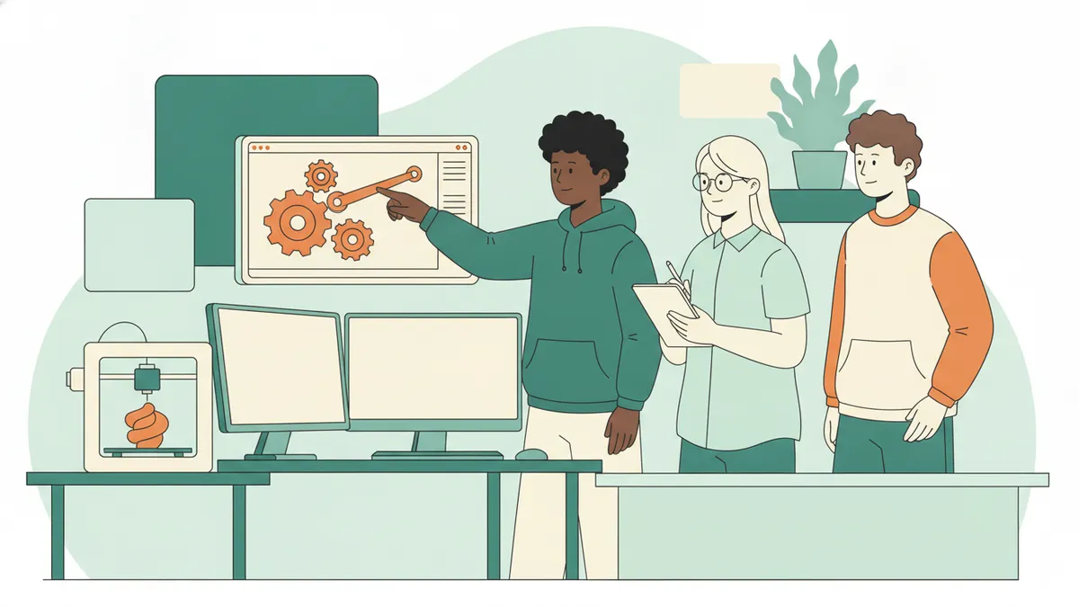Illustration : trois étudiants dans un bureau d'études autour d'un écran qui affiche le modèle 3D d'un mécanisme à engrenages ; l'un montre l'écran, une autre prend des notes ; une imprimante 3D fabrique une pièce orange sur le bureau.