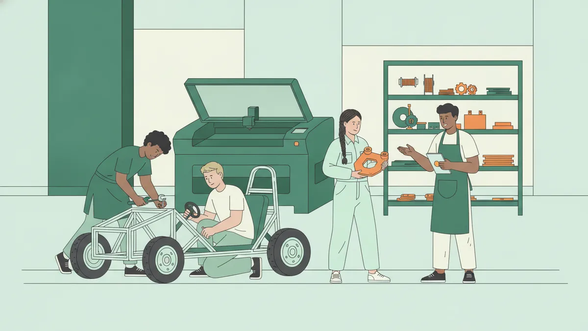 Illustration : dans un FabLab, quatre étudiants assemblent le châssis en profilés d'un petit véhicule électrique monoplace ; l'un serre un boulon, un autre vérifie une roue, une étudiante tient une pièce orange imprimée en 3D ; une découpeuse laser et des étagères de pièces au fond.